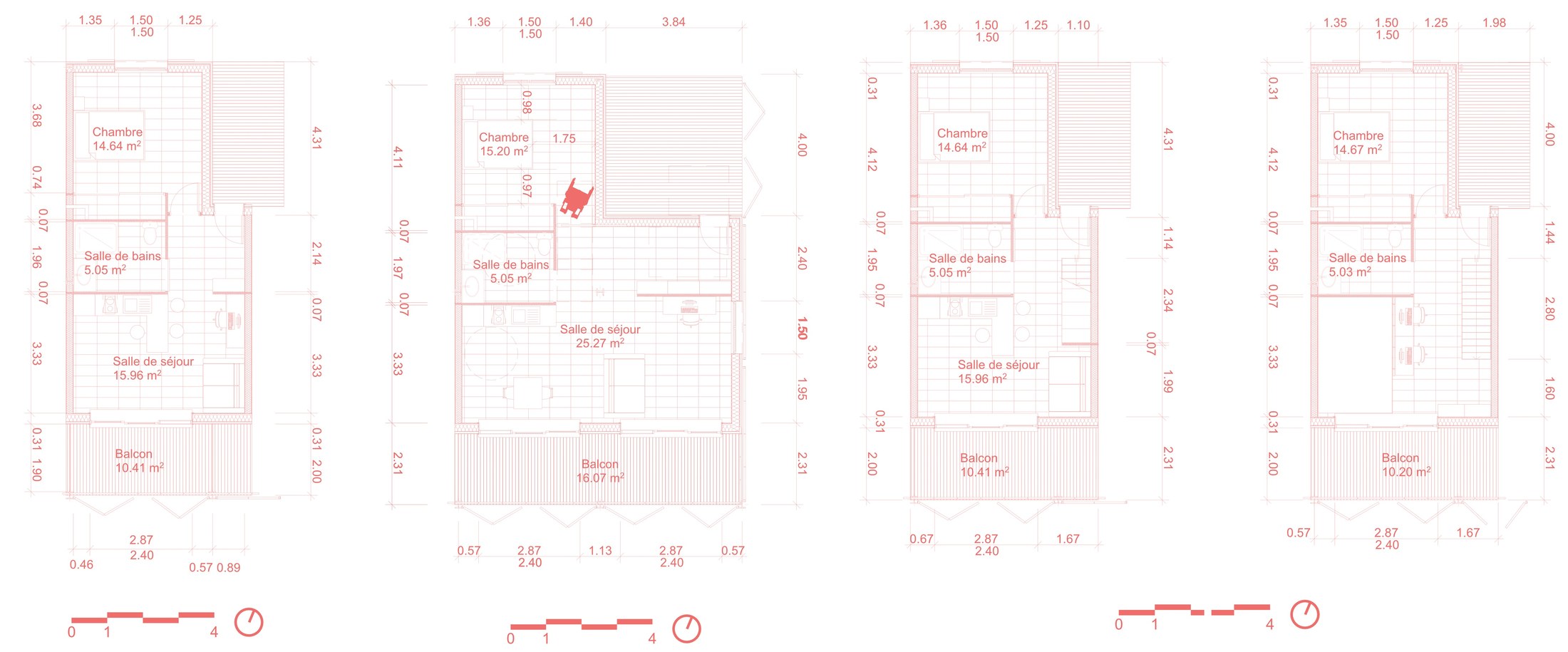 ferrata — Plan de typologies 1/100, appartements adaptés à la vie étudiante