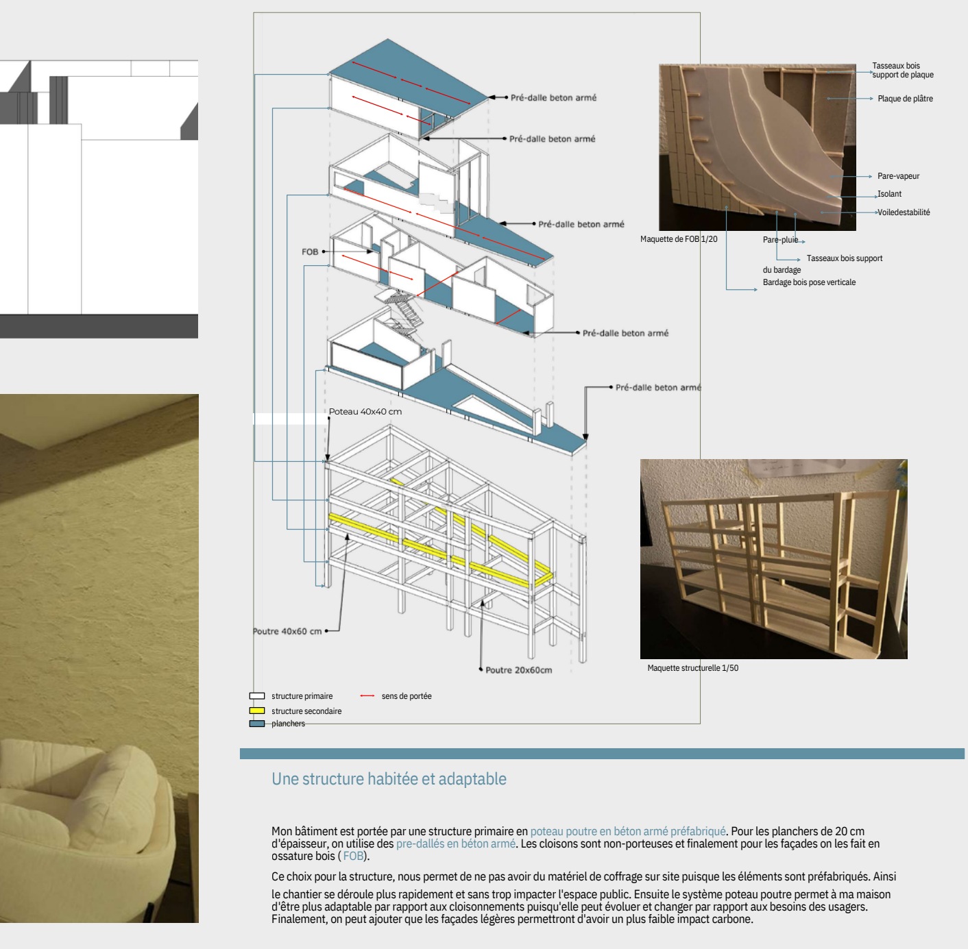 ocasio — Axonométrie structurelle éclatée, détail de façade et maquettes